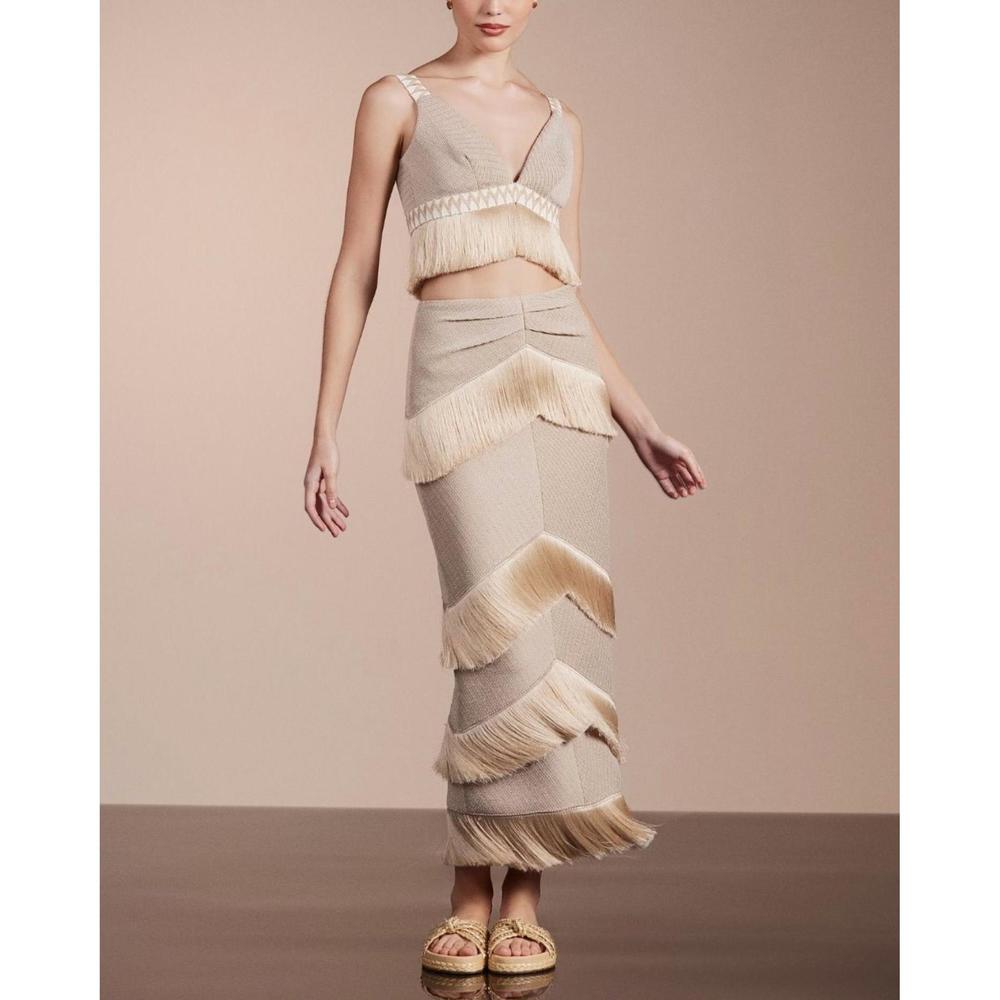 NEW PATBO metallic knit maxi skirt with fringe trim in clay - Picture 3 of 4